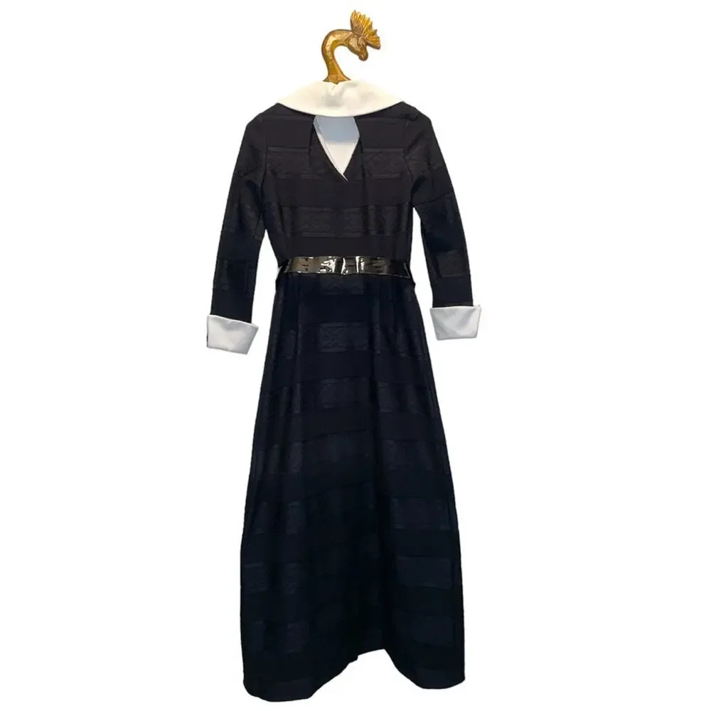 70s Black with White Cuffs & Collar Maxi Dress Medium Tall - Picture 3 of 8